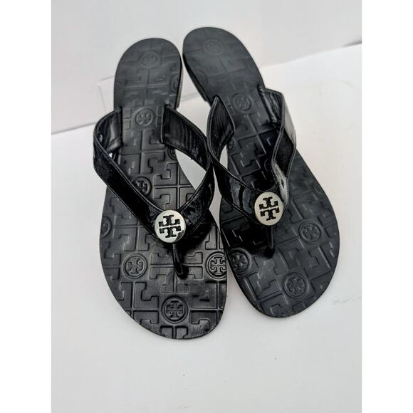 Tory Burch Shoes - Tory Burch Sandals Thong Thora 9 M Black Patent Leather Flip Flops Logo